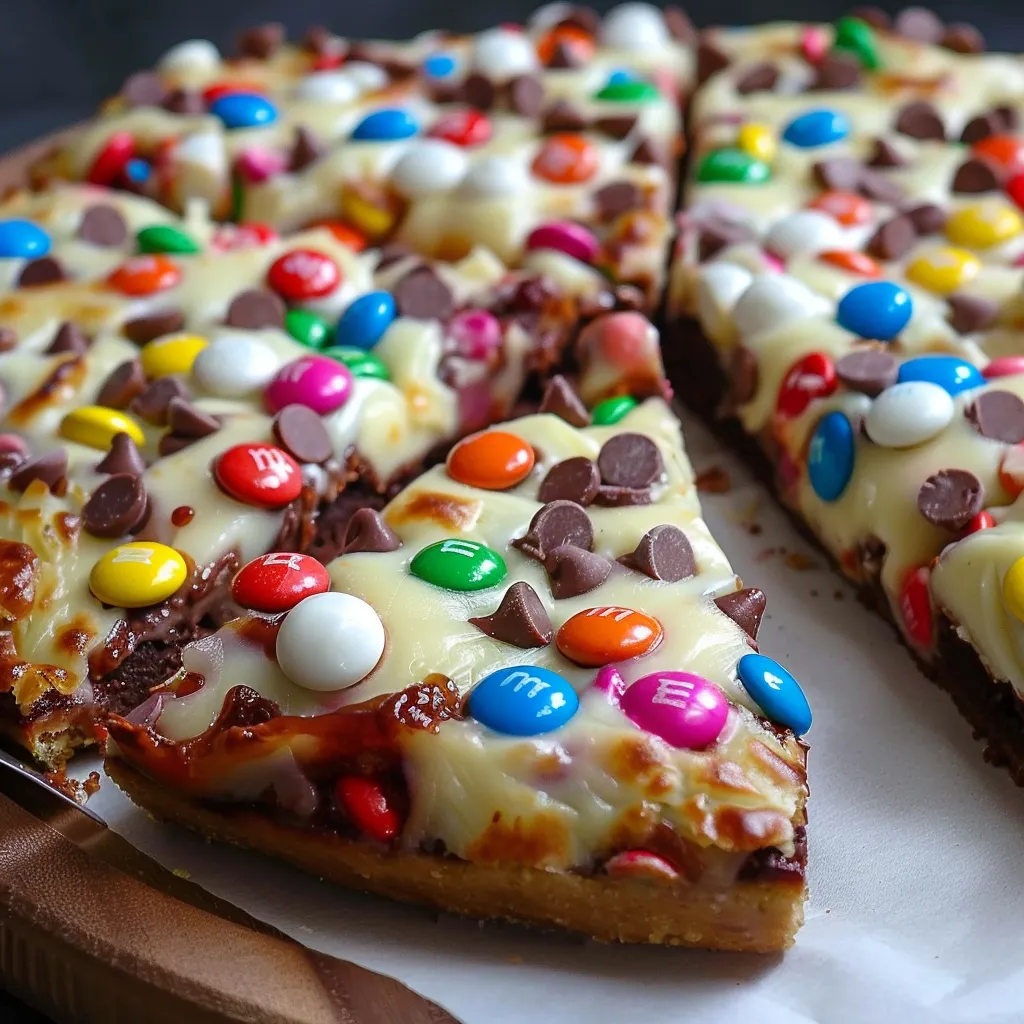 A slice of brownie pizza topped with M&M's.