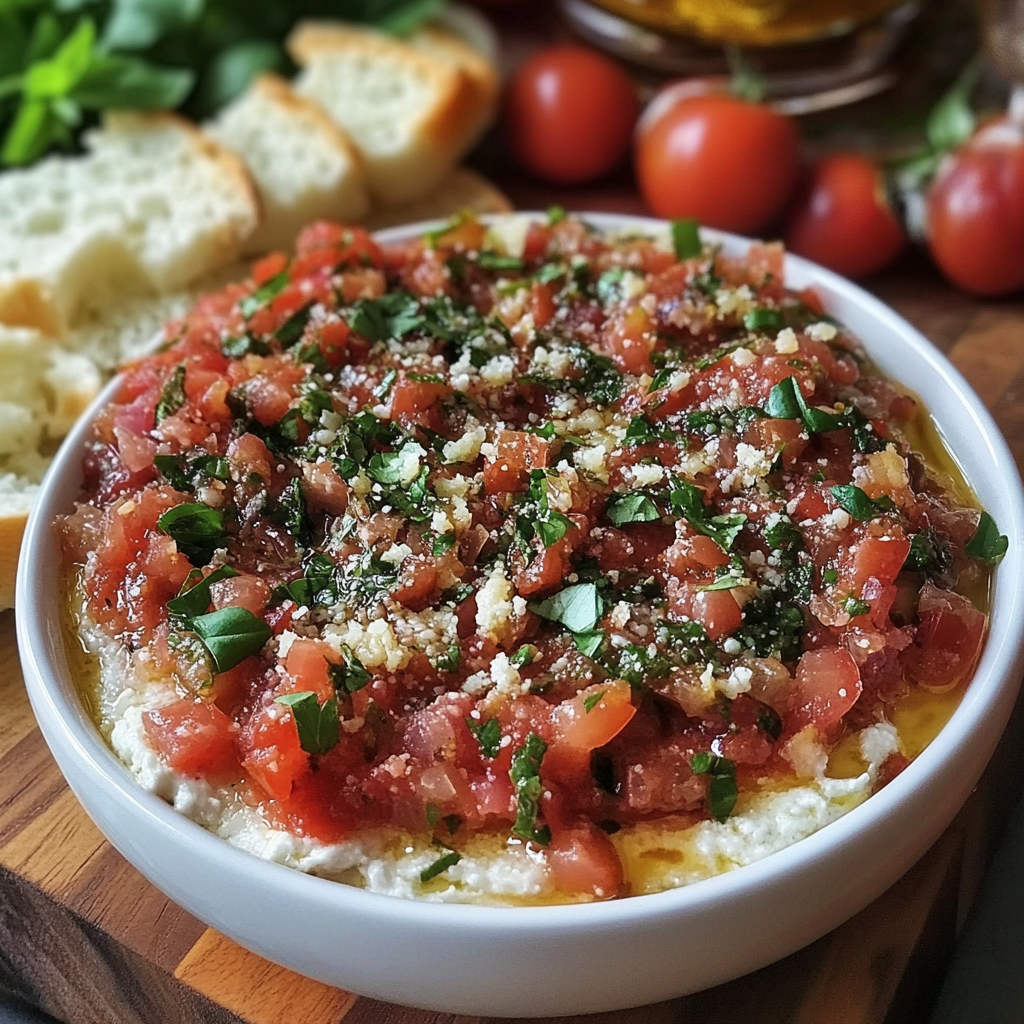 A dish with tomatoes and bread on the side.