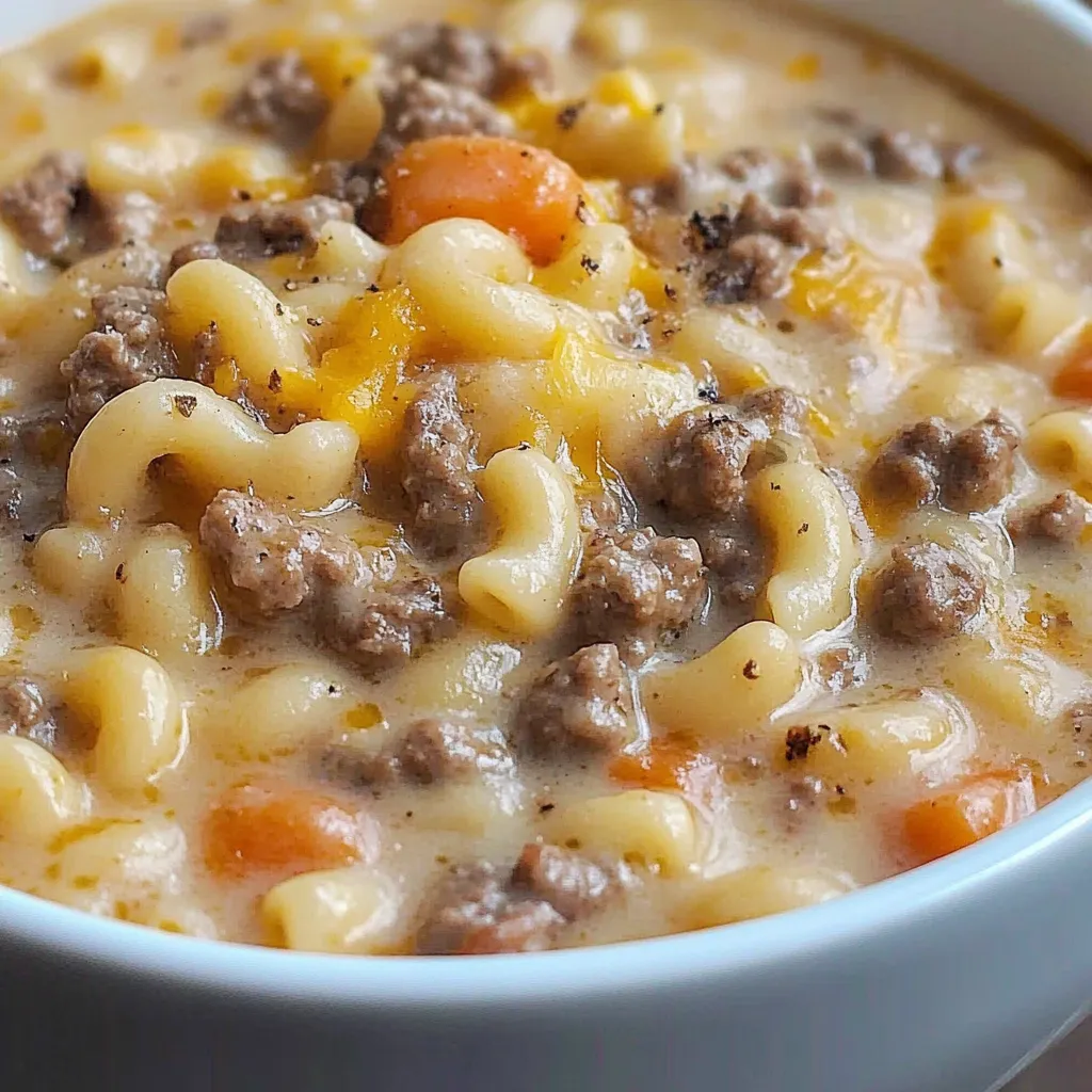 Warm bowl of cheeseburger macaroni soup