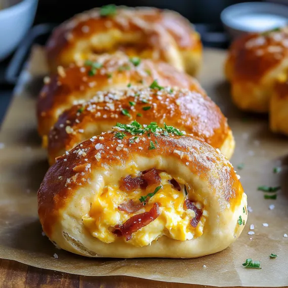 A plate of warm pretzel rolls stuffed with bacon and eggs.