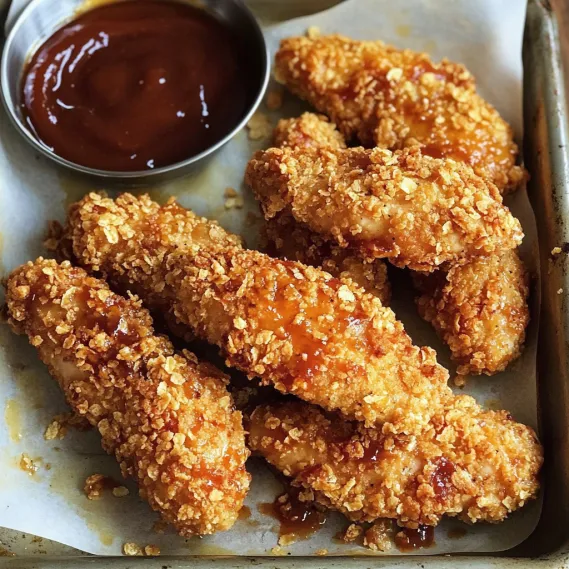 A plate of crispy chicken strips and dipping sauce.