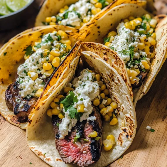 Plate of tacos with grilled steak and corn.
