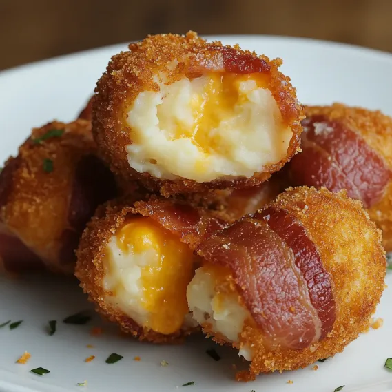 Cheesy bacon-wrapped balls served on a plate.