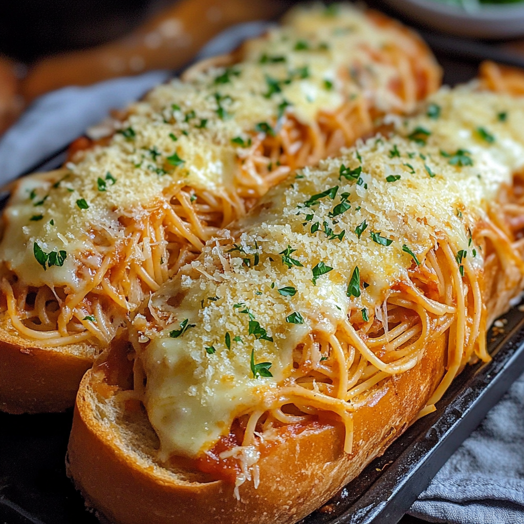 Two garlic bread slices stuffed with cheesy pasta.
