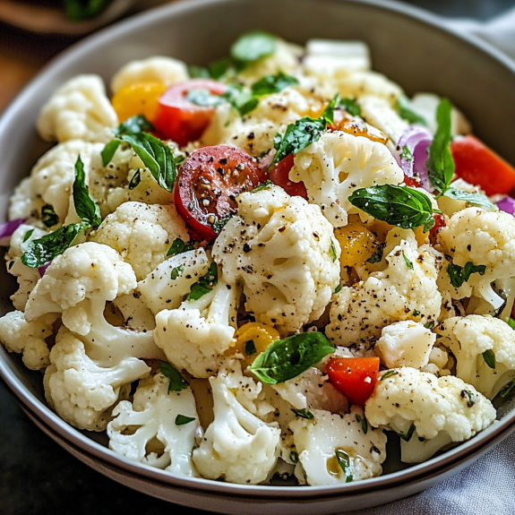 A colorful bowl of cauliflower salad with veggies and fresh greenery.