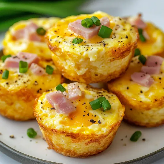 Plate filled with cheesy ham muffins.