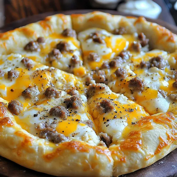 A cheesy pizza topped with sausage gravy.