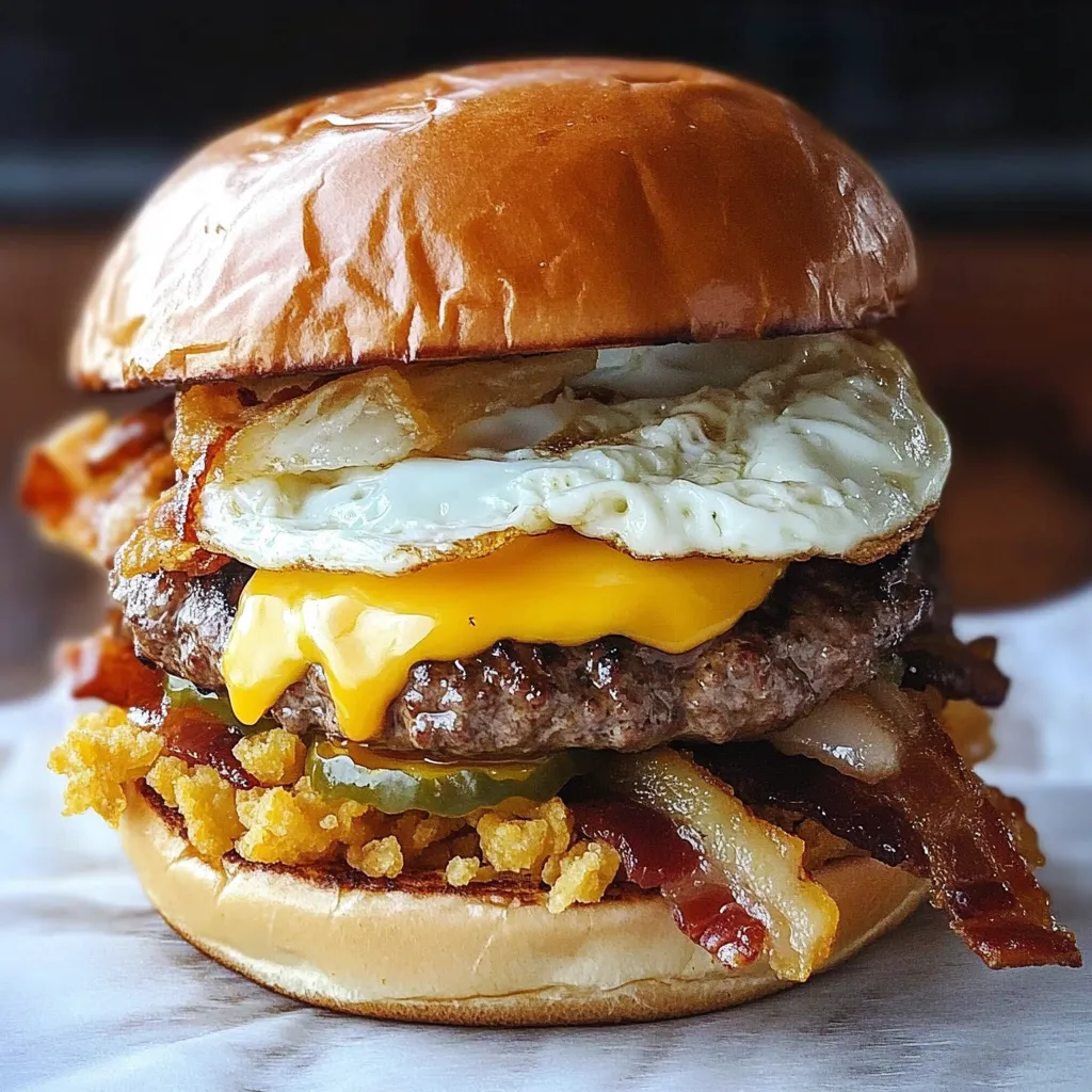 A hearty burger with a fried egg and crispy bacon on top.