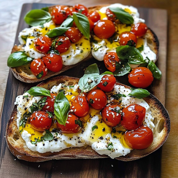 Bread slice topped with tomatoes and basil.