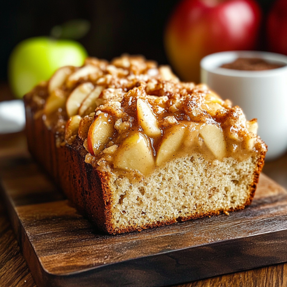 A warm slice of apple cinnamon loaf with a glaze.