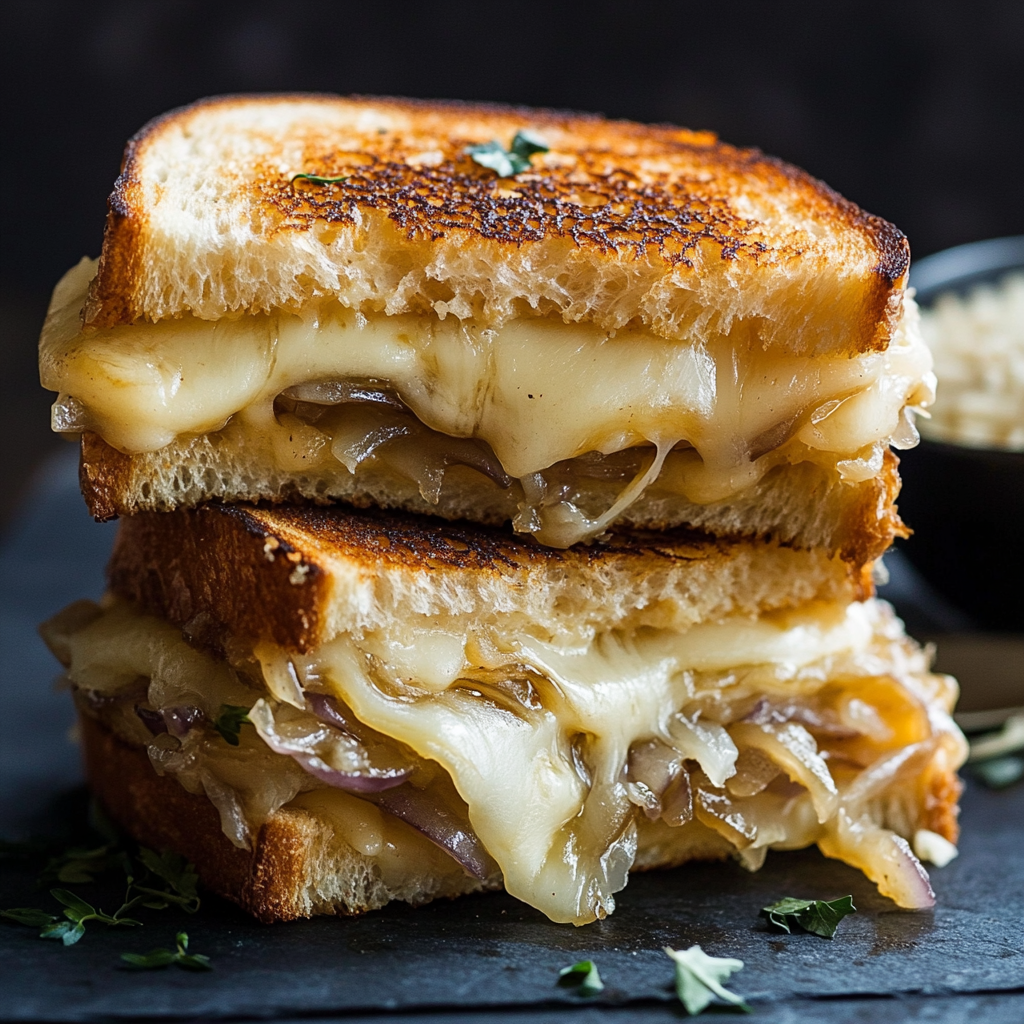 A cheesy and onion-filled sandwich resting on a dark surface.