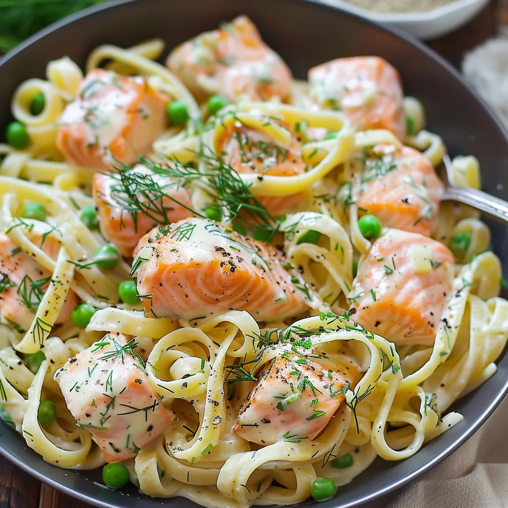 A plate of creamy pasta with salmon and peas on top.