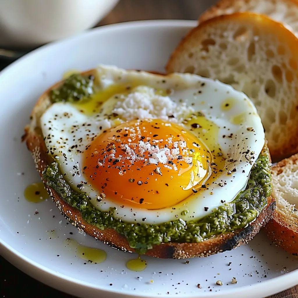Egg on toast drizzled with pesto.