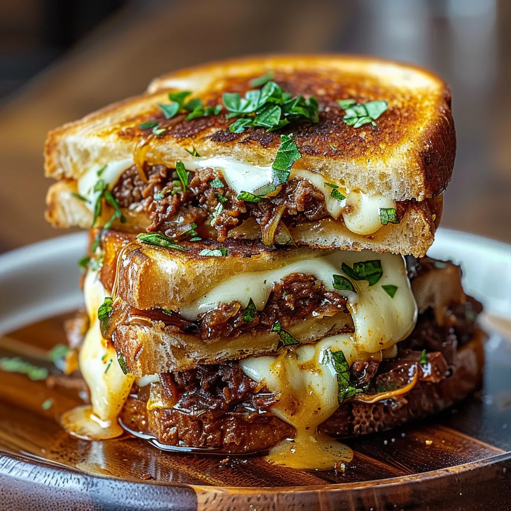 A cheesy meaty sandwich on a cutting board.