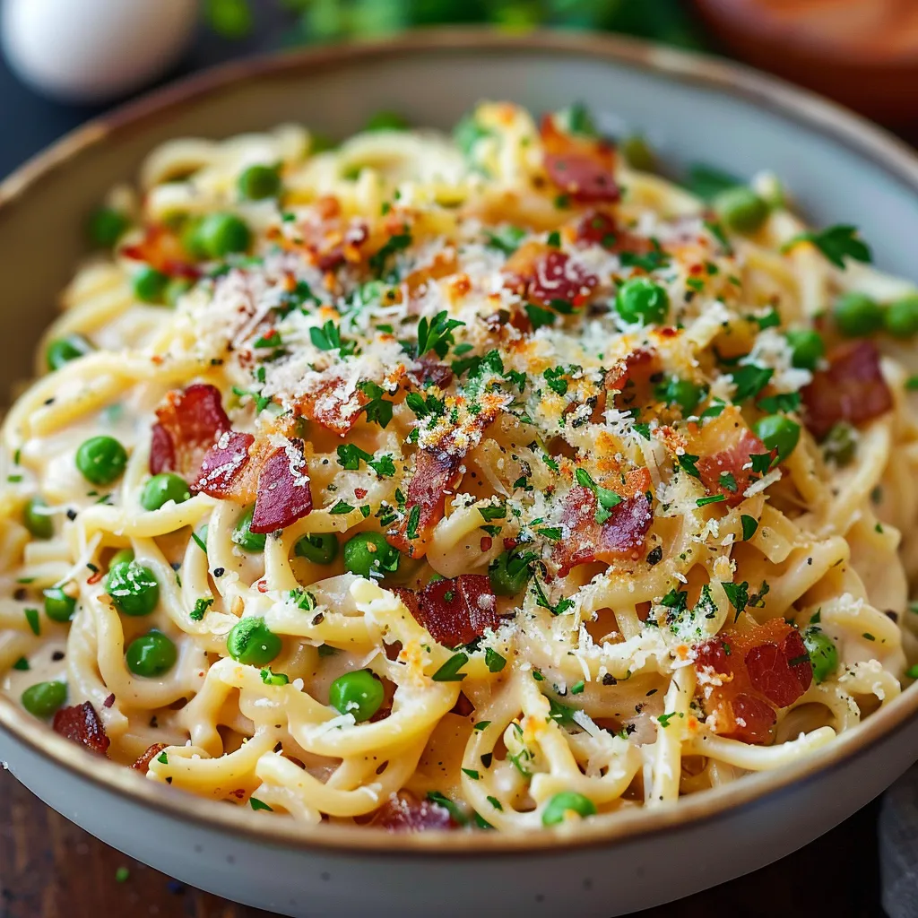 A bowl of ramen with bacon and peas.
