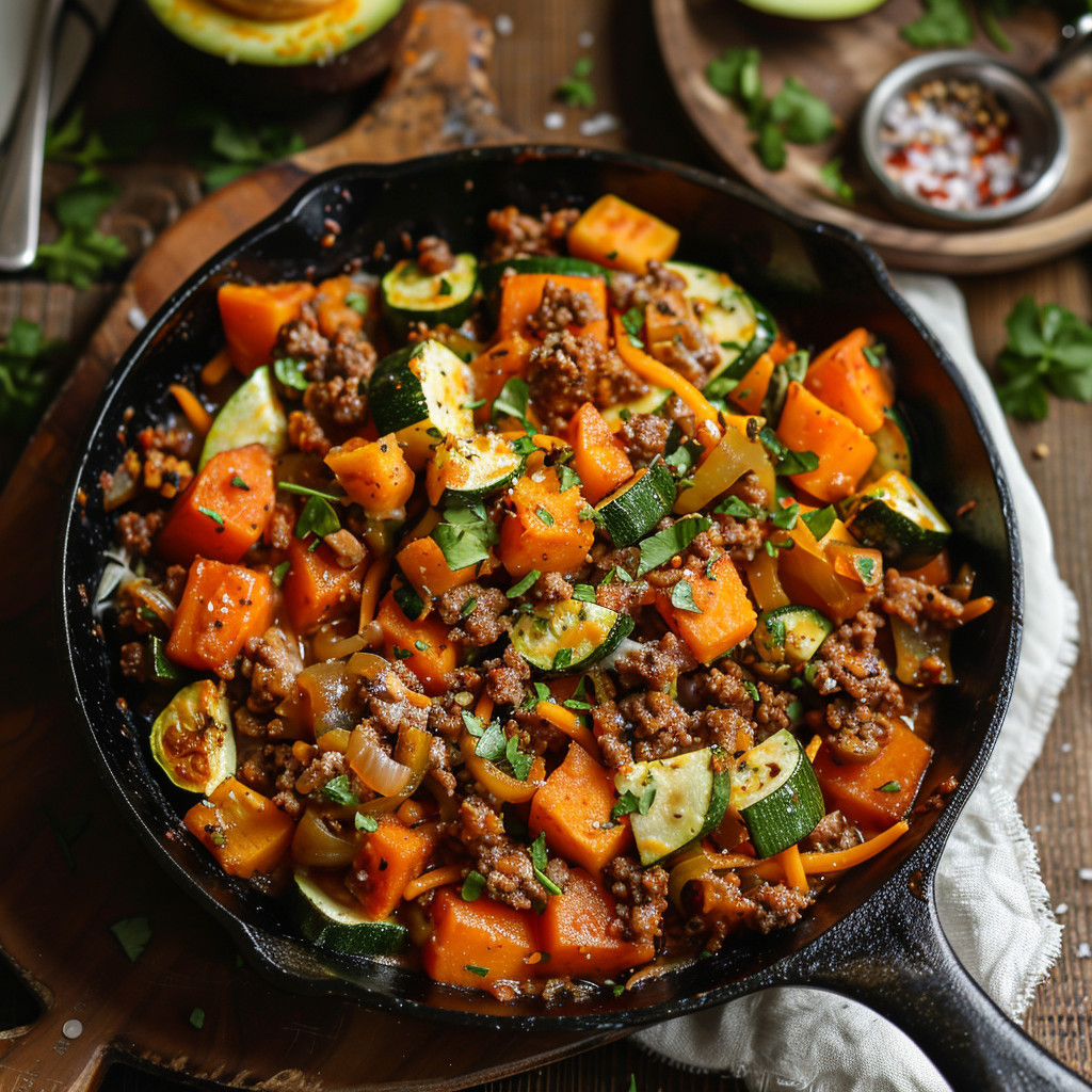 A pan full of veggies and meat.
