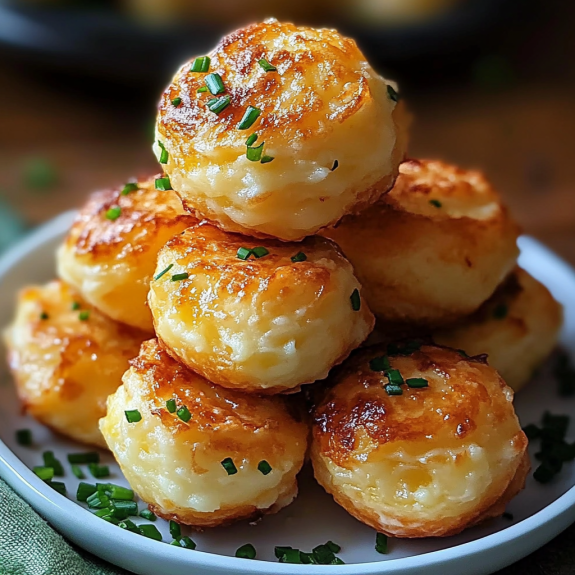 Golden and crispy potato cheese puffs arranged in a stack.