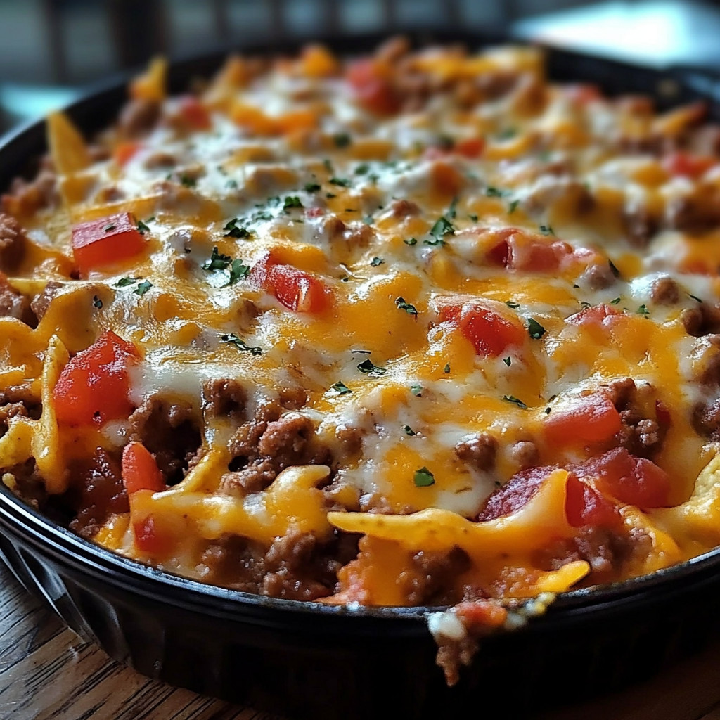 A delicious Mexican bake with melted cheese, beef, and beans.