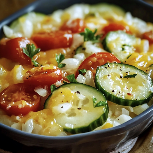 A bowl loaded with marinated cucumber, tomato, and onion salad.