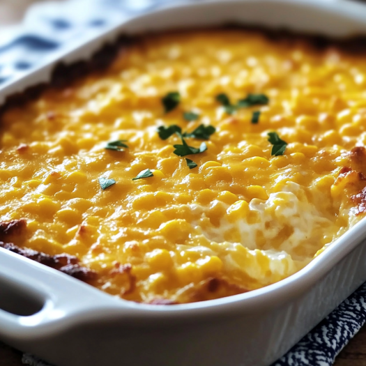 Corn casserole served in a white dish.