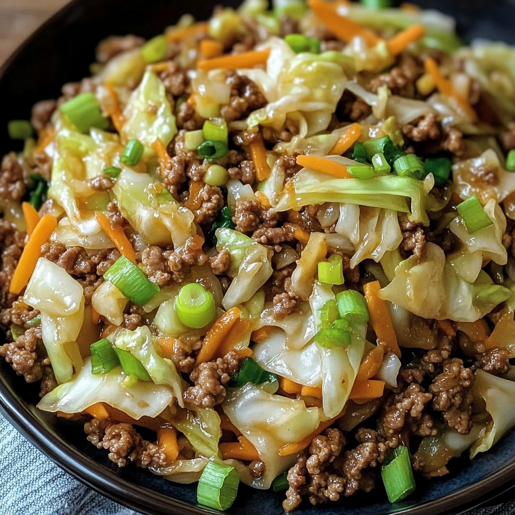 A bowl of stir-fried beef and cabbage with bright veggies.