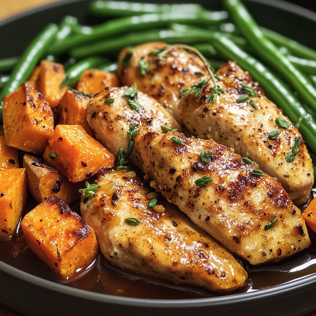 Plate with chicken, sweet potatoes, and green beans.
