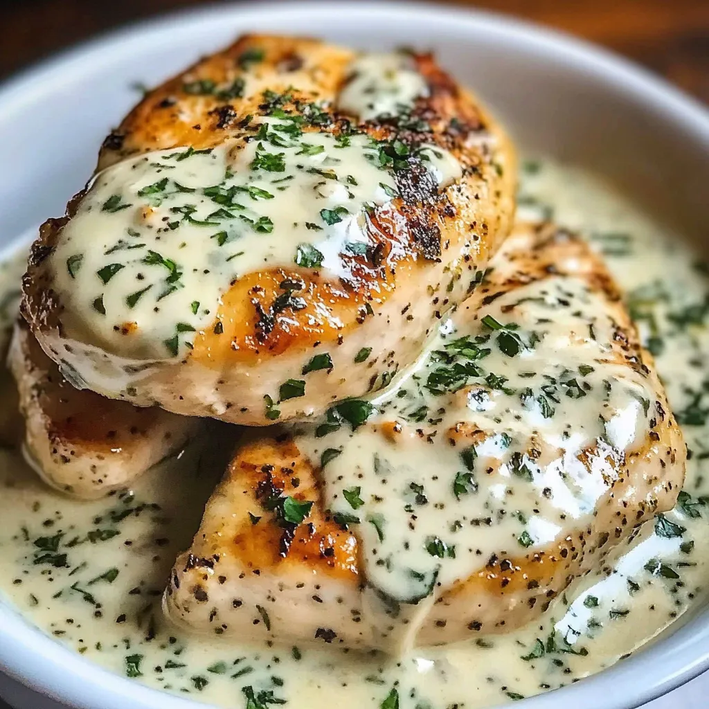 Golden chicken topped with creamy Boursin sauce and garnished with fresh, vibrant herbs.