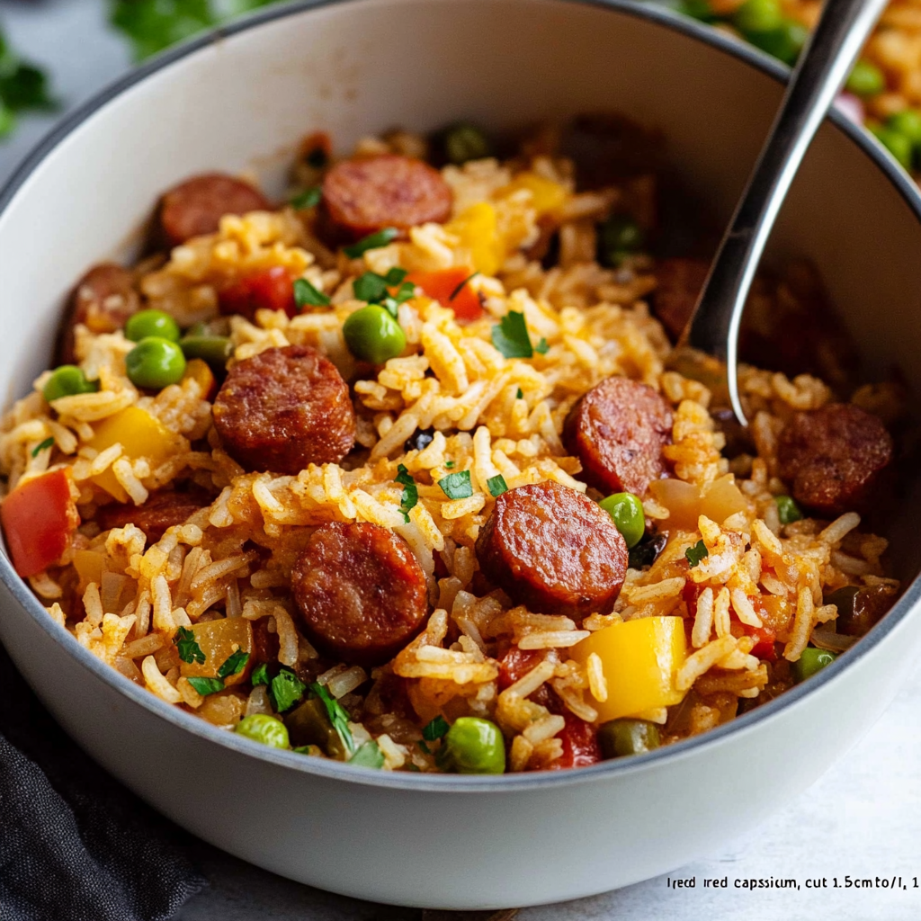 Rice and sausage in a bowl with a spoon.