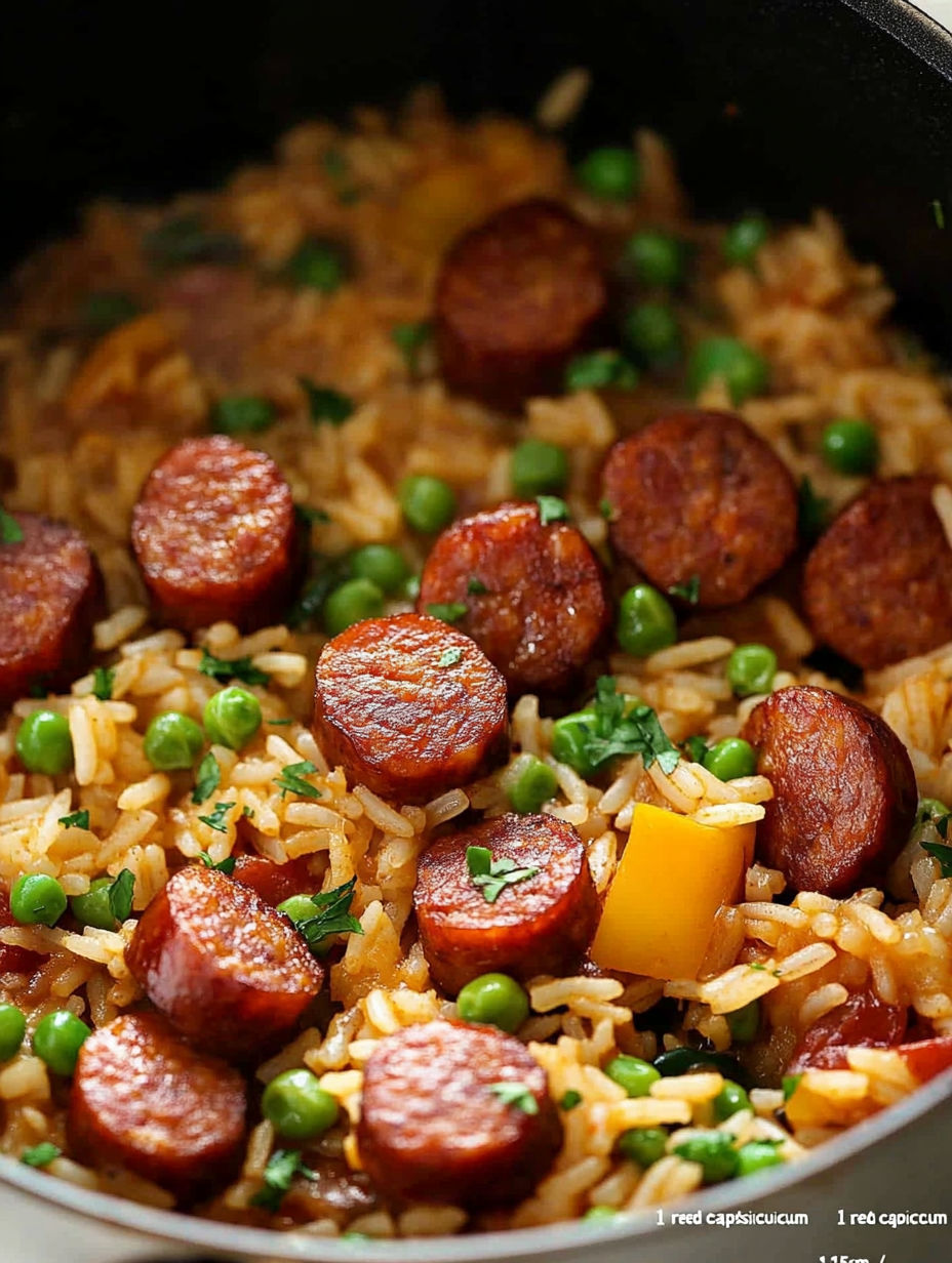 A dish of rice and peas with sausage and peppers, possibly a Spanish-inspired recipe.