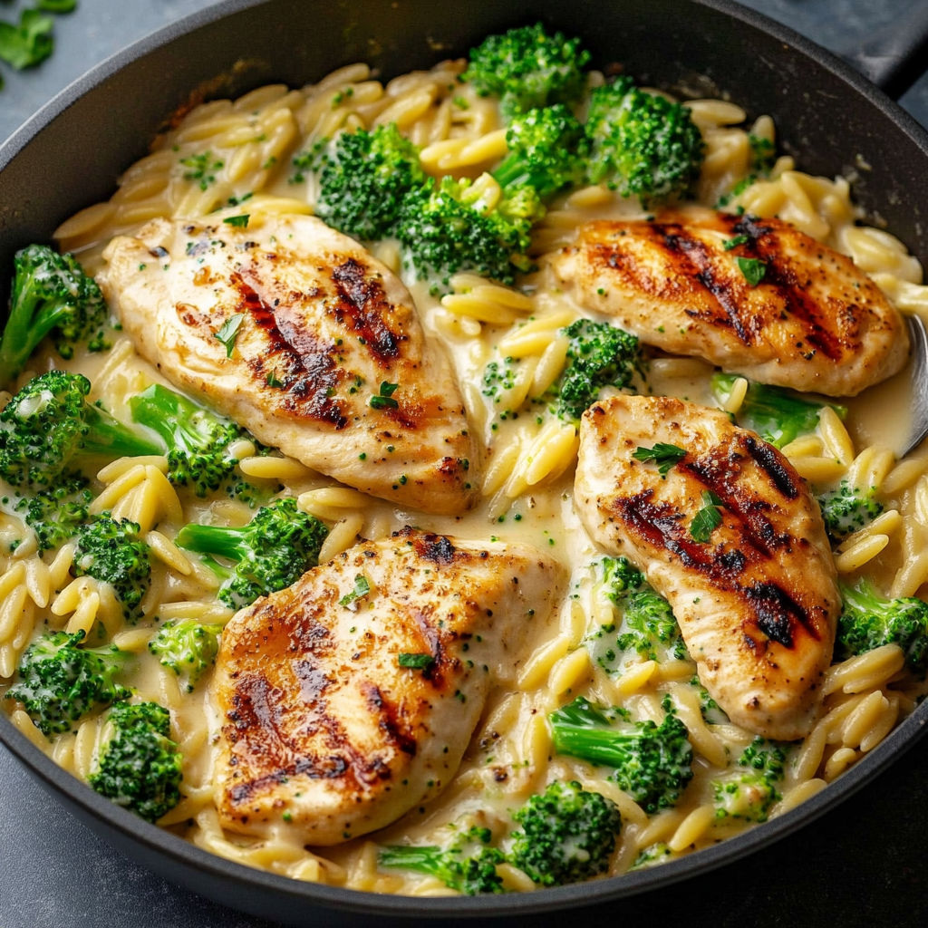 Skillet of broccoli and chicken in a creamy Mediterranean-style sauce.