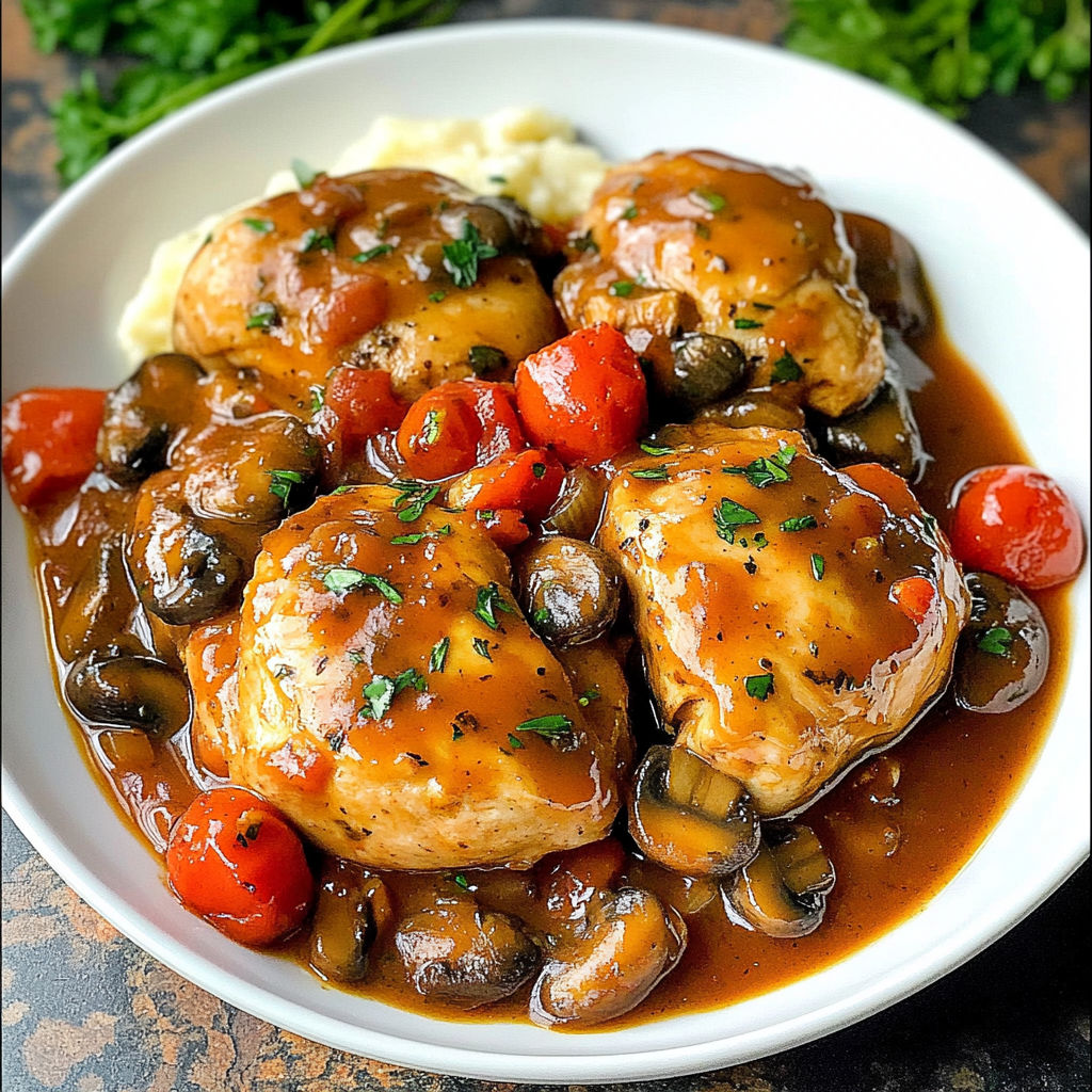 A delicious plate of Chicken Chasseur served with mushrooms and tomatoes.