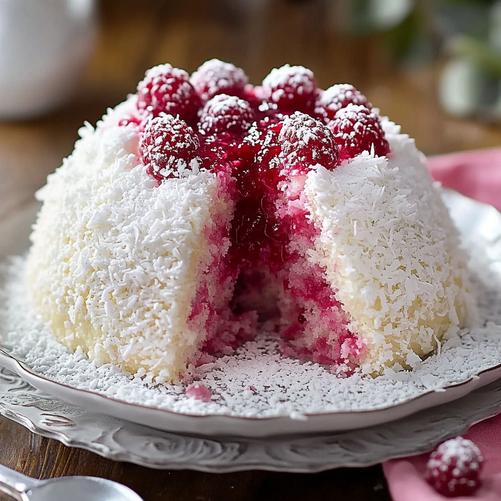 A slice of soft cake topped with coconut shavings and fresh raspberries.