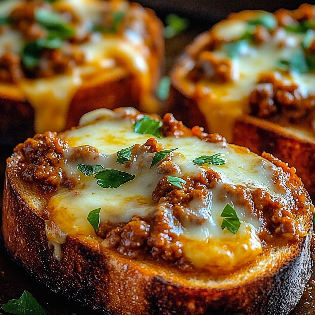 Close-up of a saucy beef and cheese-topped toast slice.