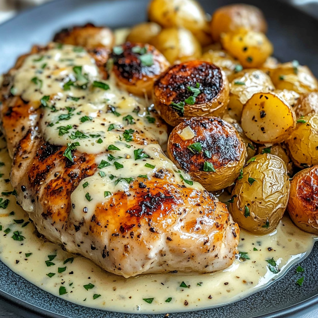 Golden garlic chicken with oven-crisped baby potatoes on a serving plate.