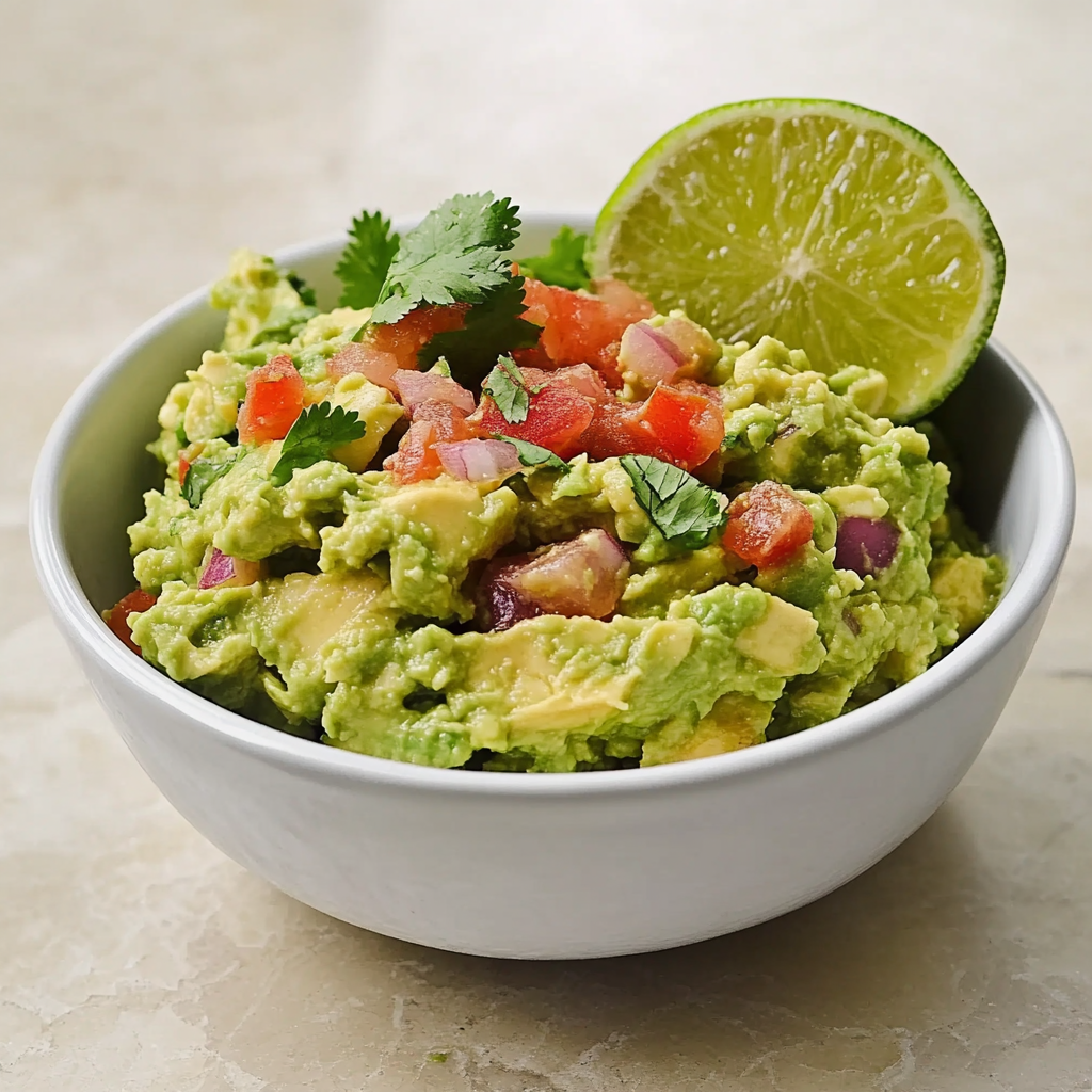 Guacamole topped with diced tomatoes and slices of lime in a bowl.