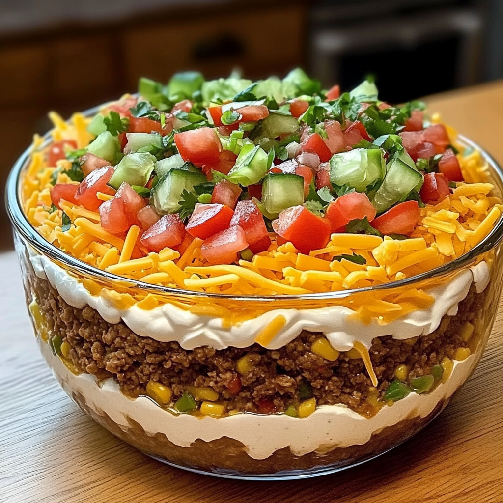Seven-Layer Taco Dip sits in a clear bowl, layered with fresh veggies, cheese, and toppings.