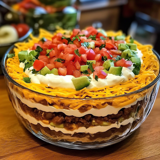 A delicious Seven-Layer Taco Dip is displayed in a glass bowl, ready to be enjoyed.