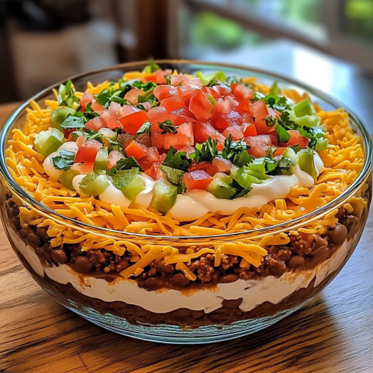 A delicious Seven-Layer Taco Dip is displayed in a glass bowl, ready to be enjoyed.