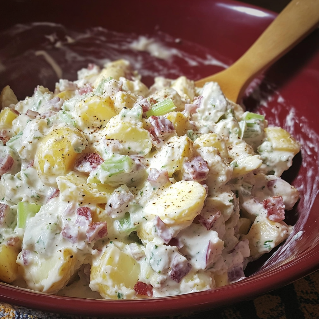 A bowl filled with creamy Potato Salad and a wooden spoon inside.