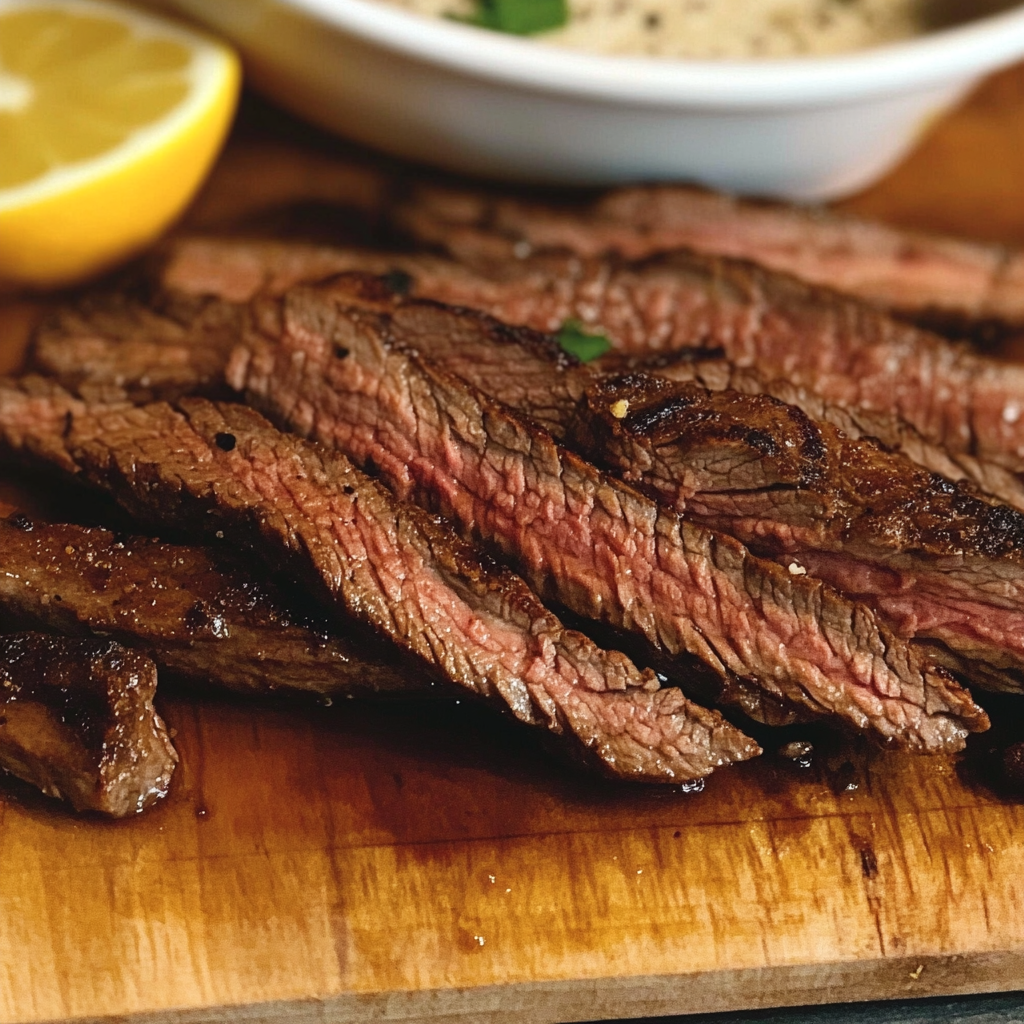 A perfectly grilled marinated flank steak sitting on a wooden board, garnished with lemon slices.