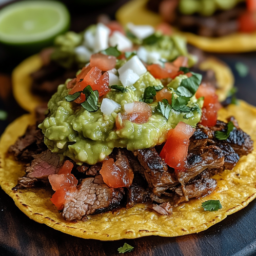 A wooden board holds a delicious Carne Asada Tostada topped with fresh toppings.