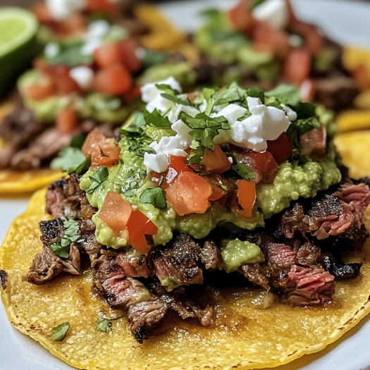 A mouthwatering Mexican Tostada de Carne Asada sits ready to enjoy on a white plate.
