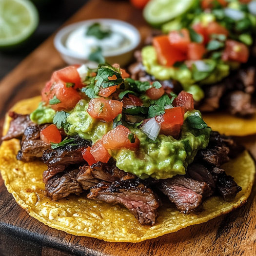 A tempting Mexican Tostada de Carne Asada sits beautifully arranged on a wooden serving board.