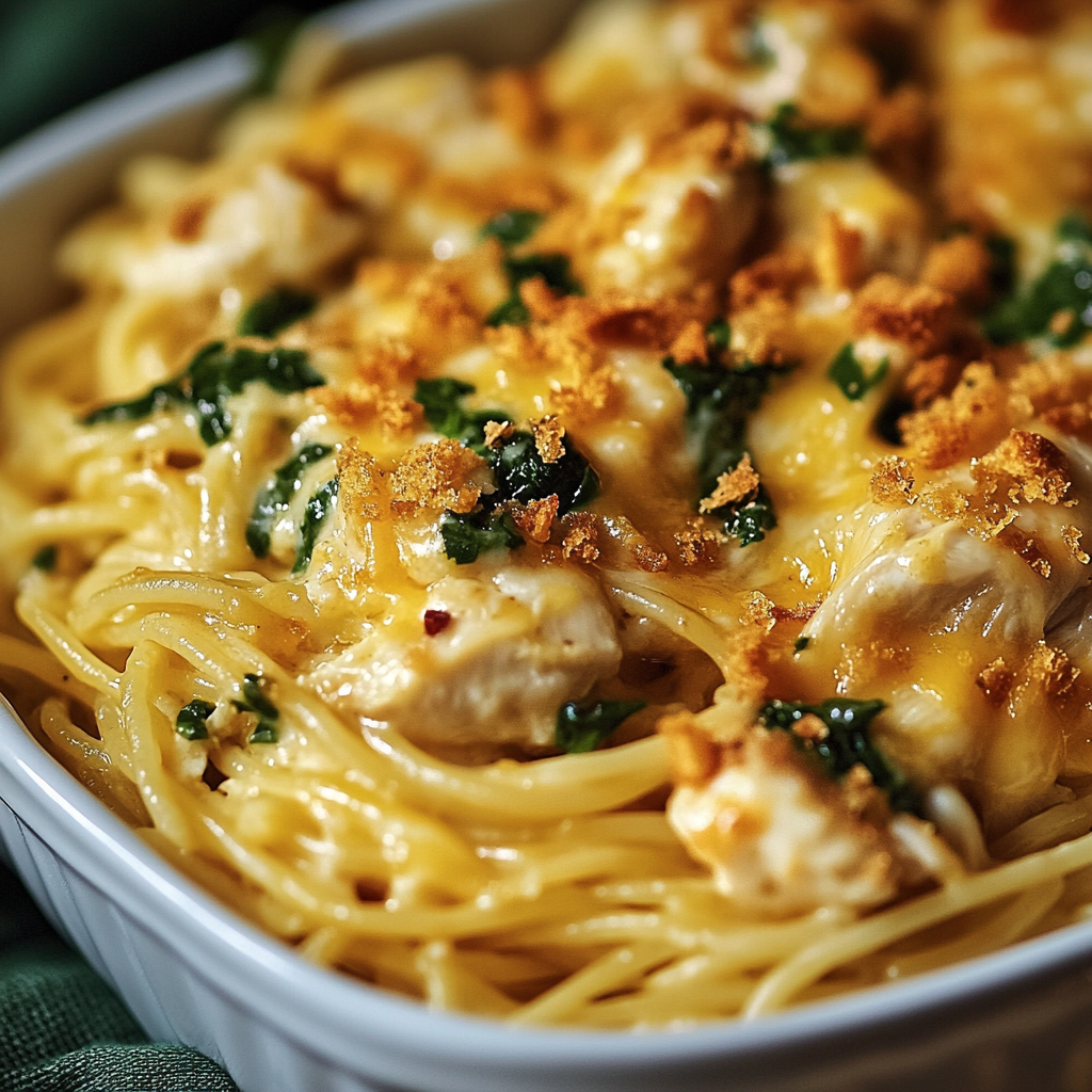 A bowl of creamy Monterey Chicken Spaghetti topped with cheese and herbs.