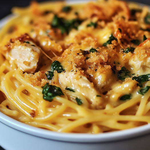 A bowl of pasta with chicken and vegetables, including broccoli and spinach.