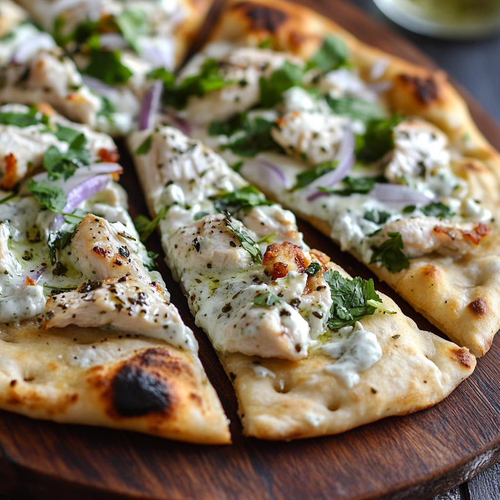 A pizza with chicken and fresh toppings on a wooden board.