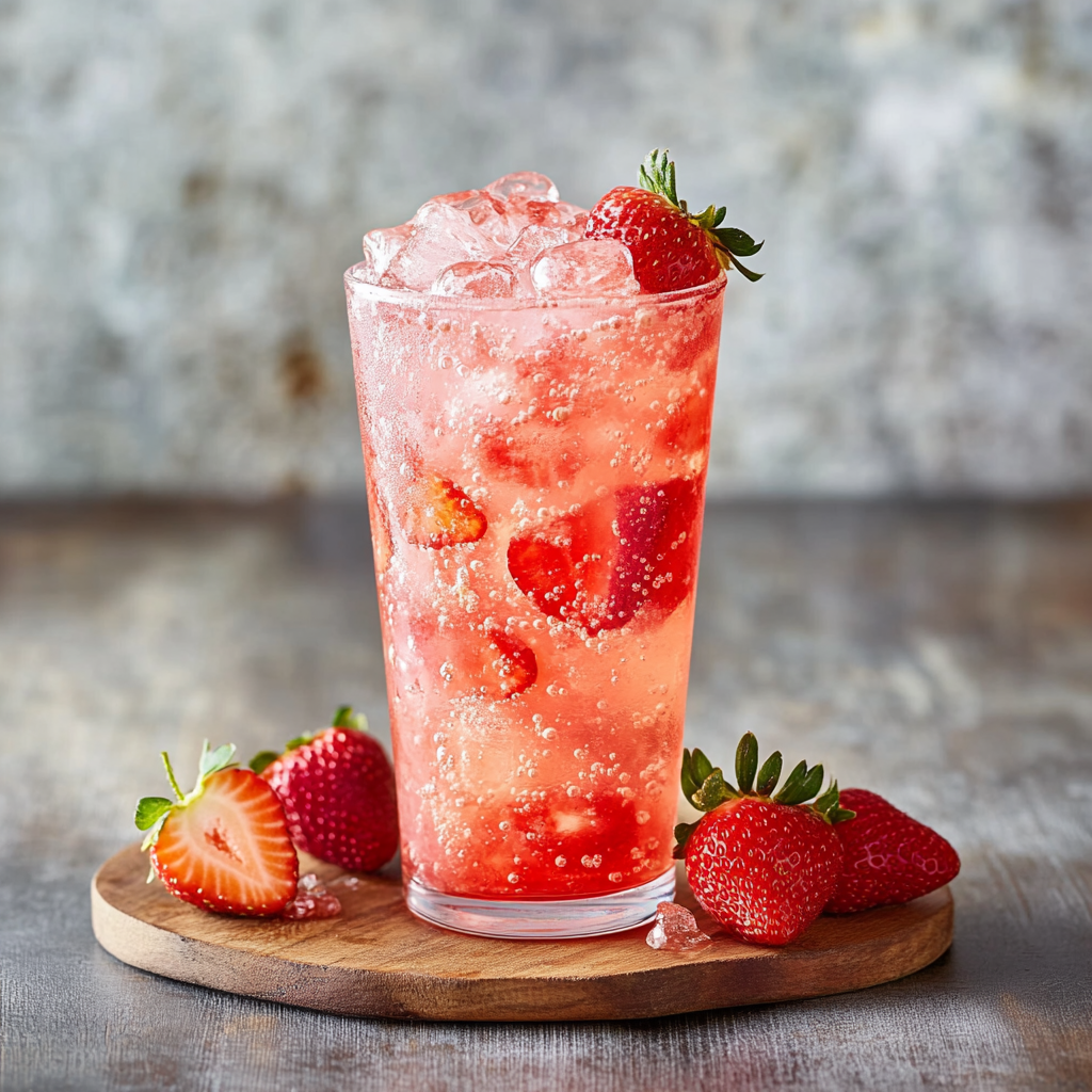 A vibrant drink with strawberry slices and lime on a glass.