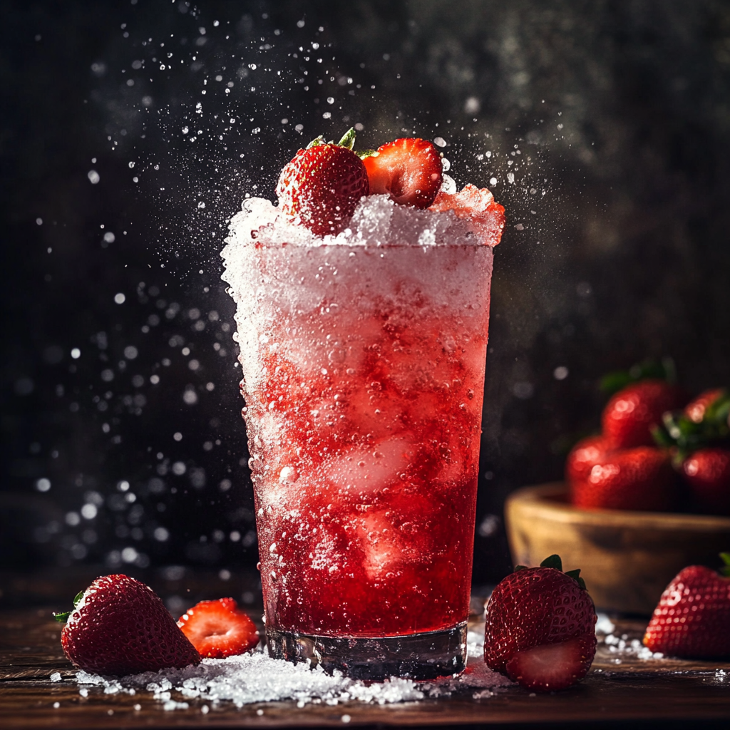 A refreshing Strawberry Dirty Sprite sits ready to drink with bubbles rising through the pink liquid.