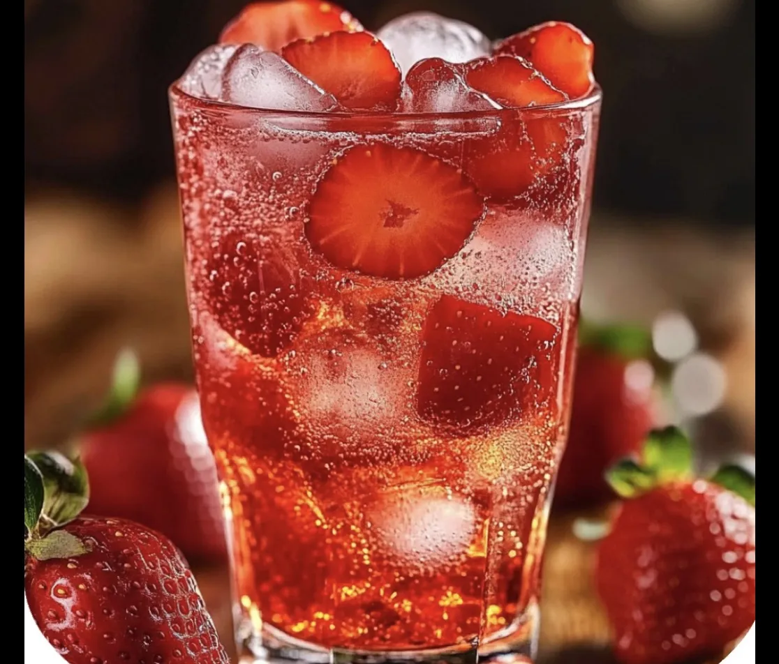 A tall glass filled with pink Strawberry Dirty Sprite shows ice cubes and fresh strawberry pieces floating inside.