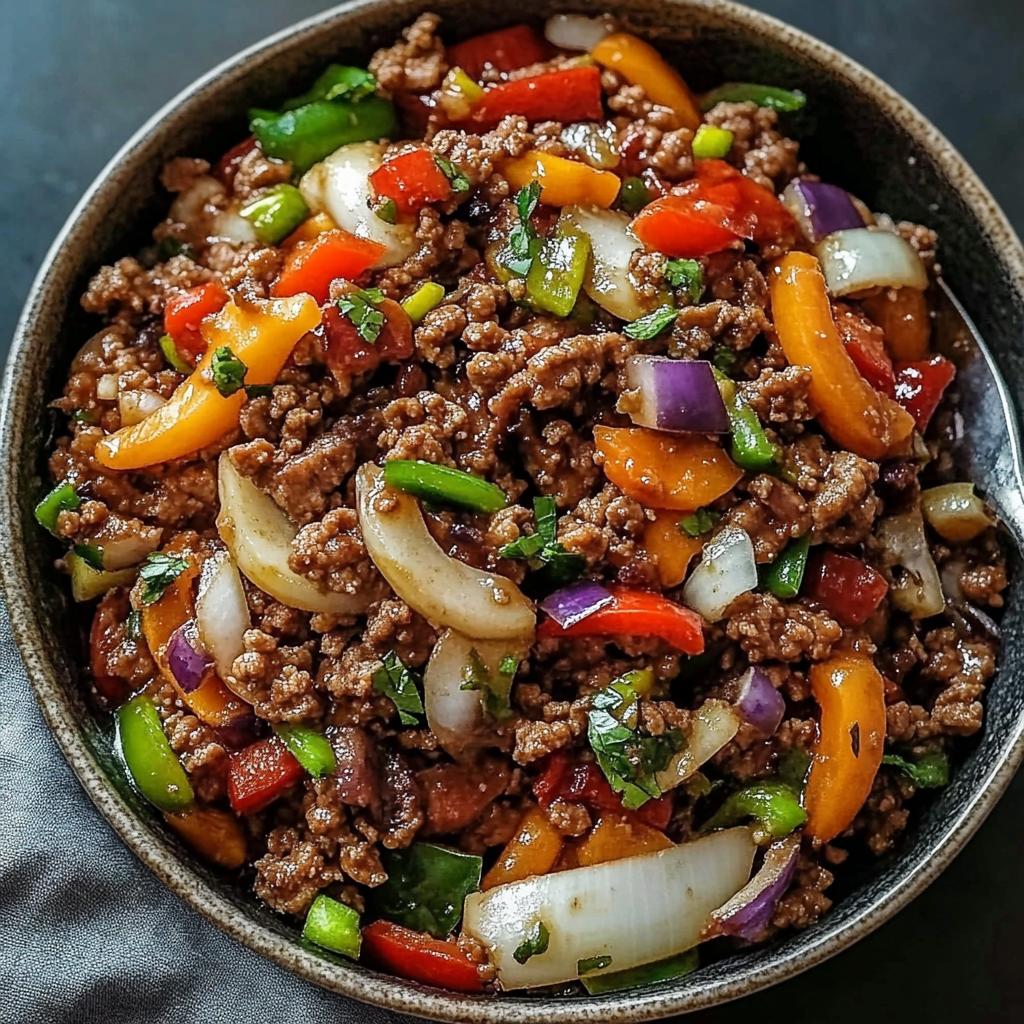 A bowl filled with colorful vegetables like tomatoes, peppers, and onions alongside ground beef for a stir-fry.